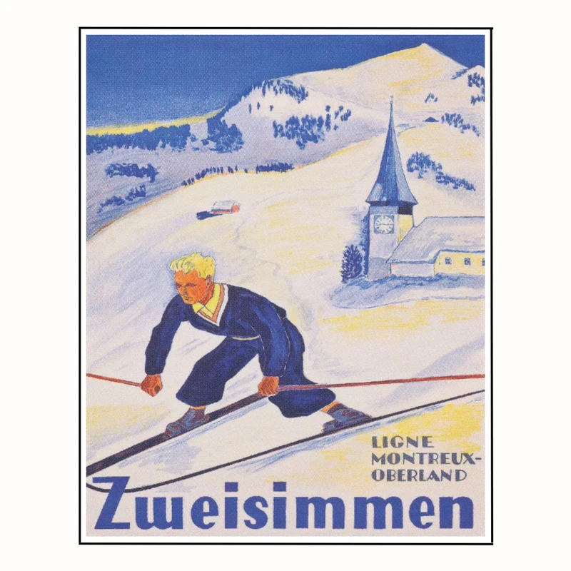 پوستر مدل مسافرتی قدیمی چاپ Zweisimmen هنر اسکی سوئیس