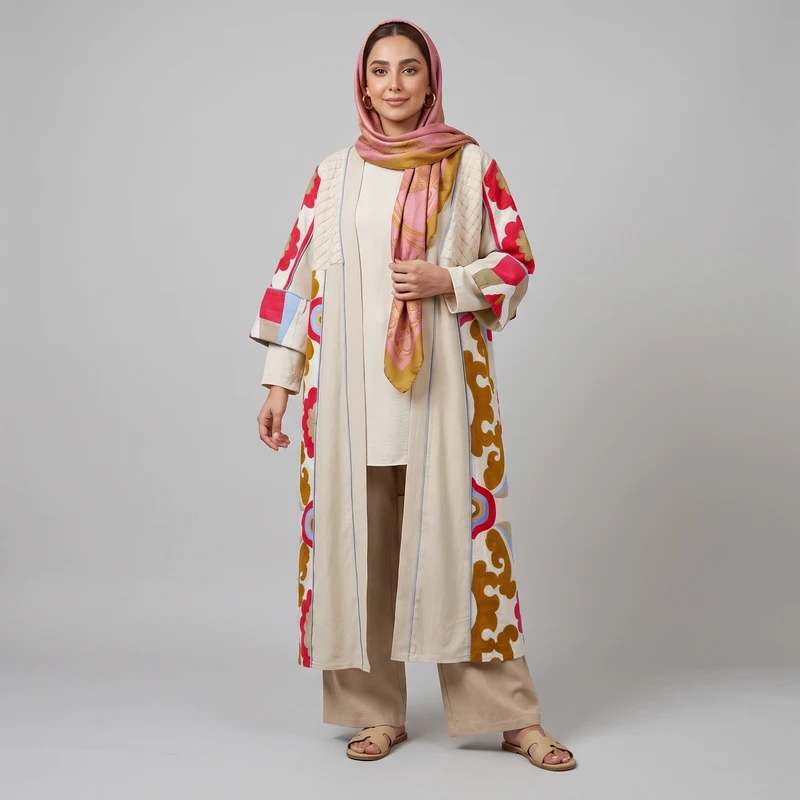 مانتو زنانه گل‌دار الیاف نخی زیر زانو جلو باز مدل 1001354