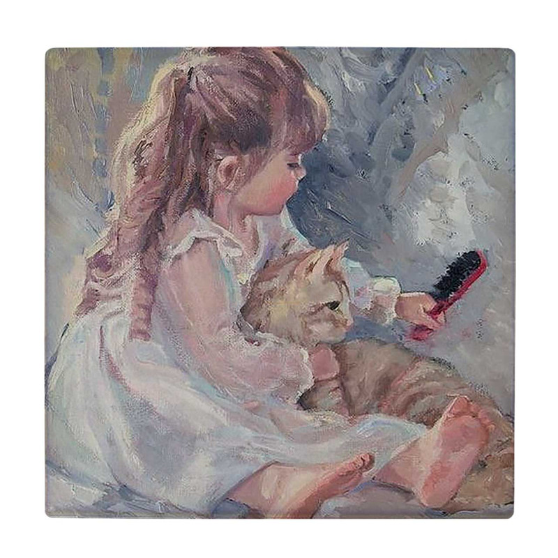  زیر لیوانی طرح نقاشی دختر بچه و گربه کد 6227479_5780