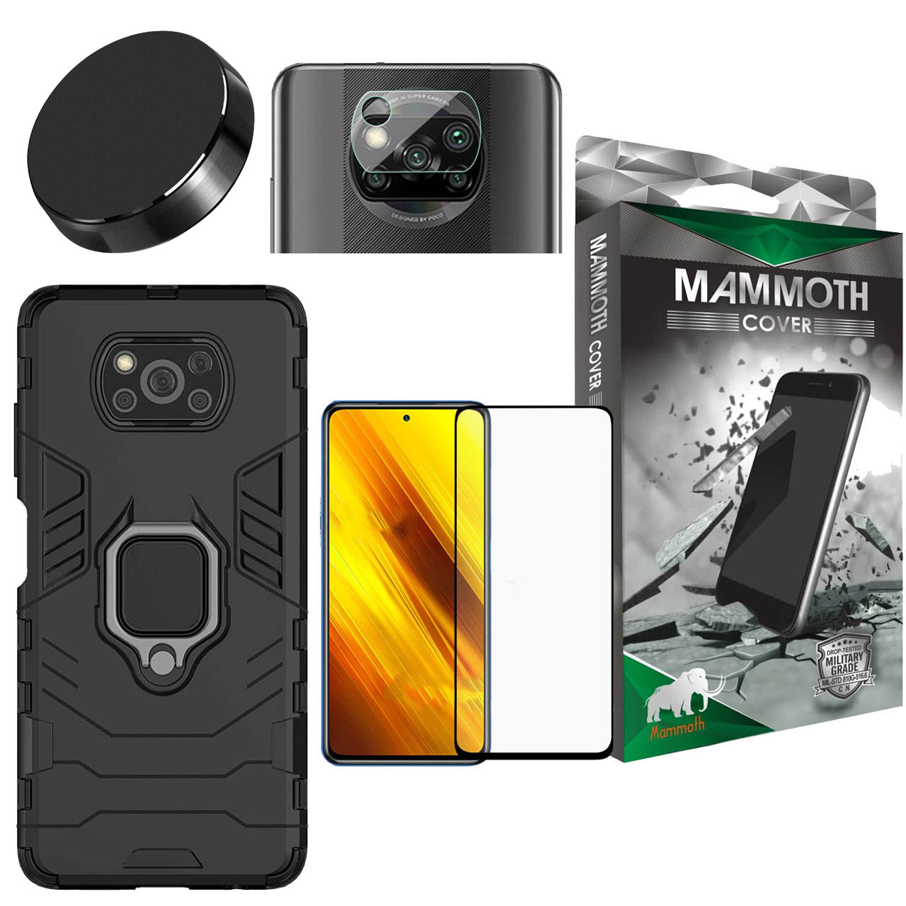 کاور ماموت مدل M-GHB-BNDL مناسب برای گوشی موبایل شیائومی Poco X3 به همراه محافظ صفحه نمایش و محافظ لنز و پایه نگهدارنده آهنربایی
