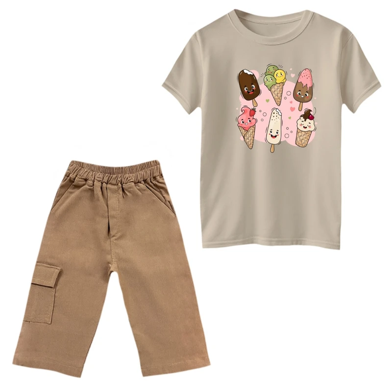 ست تی‌شرت و شلوارک دخترانه مدل بستنی های خوشحال