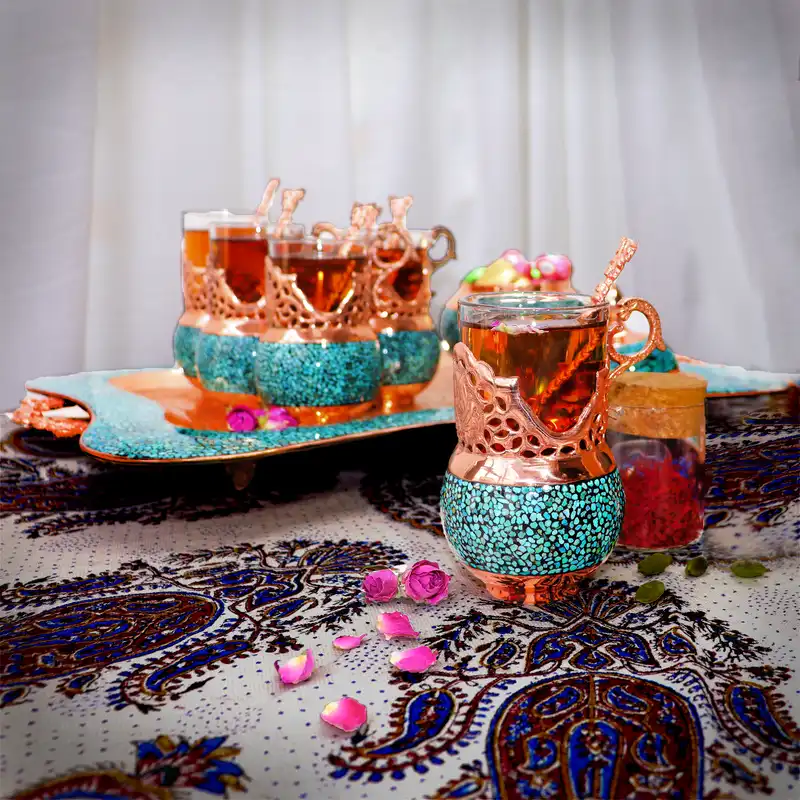 سرویس 14 پارچه چای خوری فیروزه کوبی مدل شاهپسند کد HQ6040