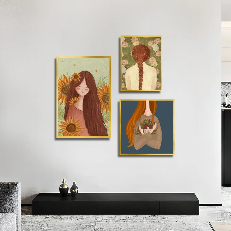 تابلو بکلیت طرح نقاشی چهره و گل آفتابگردان مدل T-3846 فریم طلایی مجموعه 3 عددی