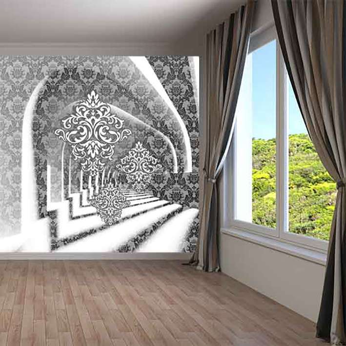 پوستر دیواری سه بعدی مدل تونل داماسک سیاه سفید کد DVRF2322