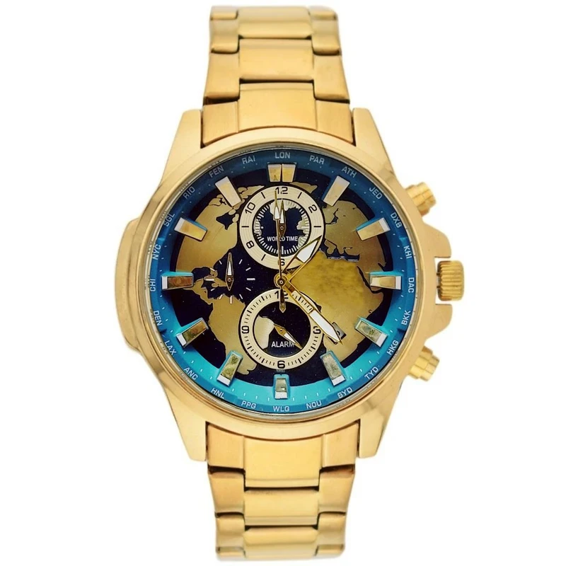 ساعت مچی عقربه‌ای کوارتز مردانه مدل جهان نما سه موتور فعال کورنوگراف کد 107