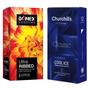 کاندوم چرچیلز مدل Cool Ice بسته 12 عددی به همراه کاندوم بونکس مدل Ultra Ribbed بسته 12 عددی 
