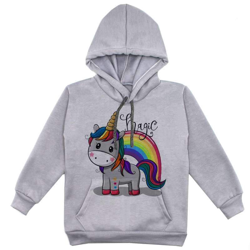 هودی دخترانه مدل تکشاخ رنگین کمان F149 رنگ طوسی