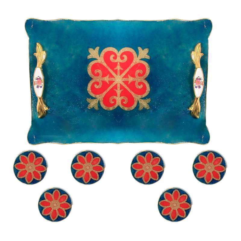 ست 7 تکه سینی و زیر لیوانی رزینی طرح سنتی کد 023