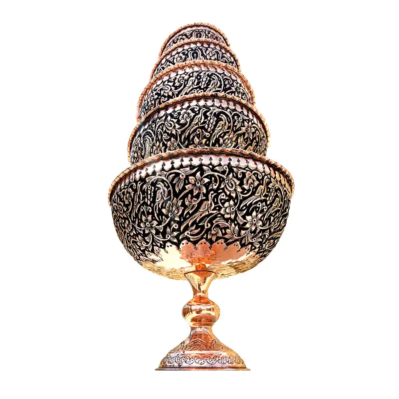 کاسه قلمزنی طرح گل و مرغ مدل پایه دار مجموعه 5 عددی