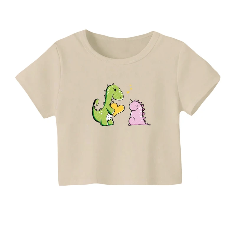 کراپ‌ تی‌شرت آستین کوتاه زنانه مدل دایناسور کارتونی