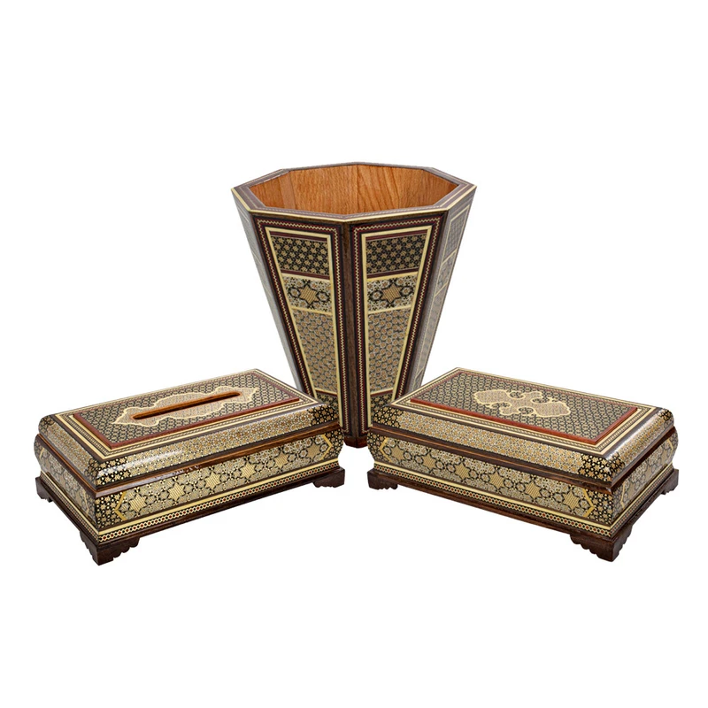 ست جعبه دستمال کاغذی و جعبه کارد و چنگال و سطل خاتم کاری کد 02