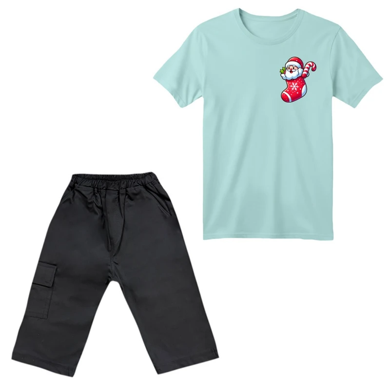ست تی‌شرت آستین کوتاه و شلوارک پسرانه مدل بابانوئل کریسمس کد 25