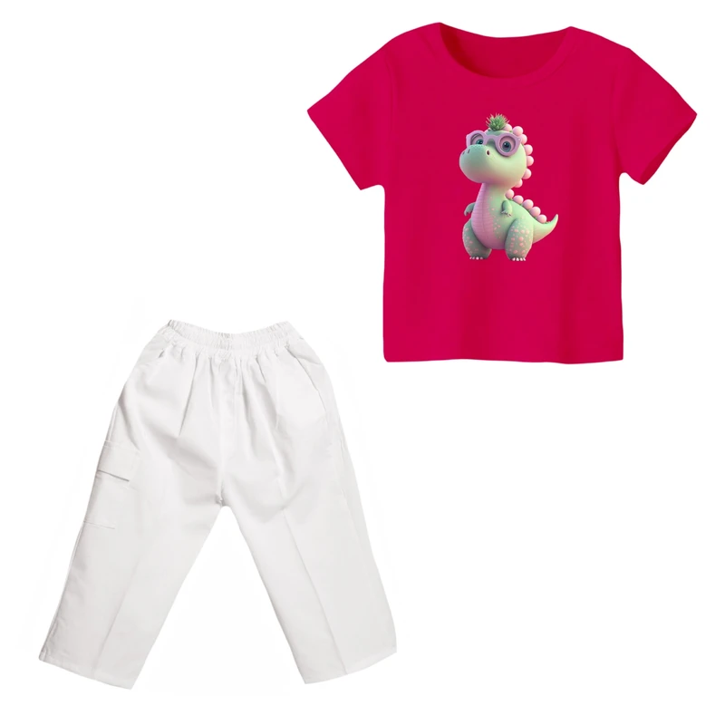 ست تی شرت و شلوارک دخترانه مدل دایناسور کد ۷