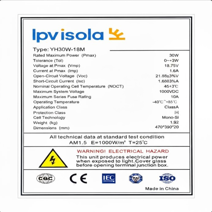 پنل خورشیدی 30 وات ای پی وی ایسولا مدل YH30W-18M