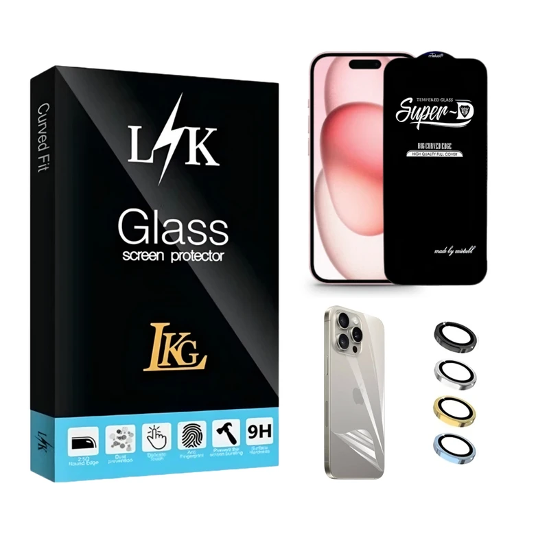 محافظ صفحه نمایش ال کا جی مدل سوپر دی مناسب برای گوشی موبایل اپل iPhone 15 Pro Max به همراه محافظ پشت گوشی و محافظ لنز