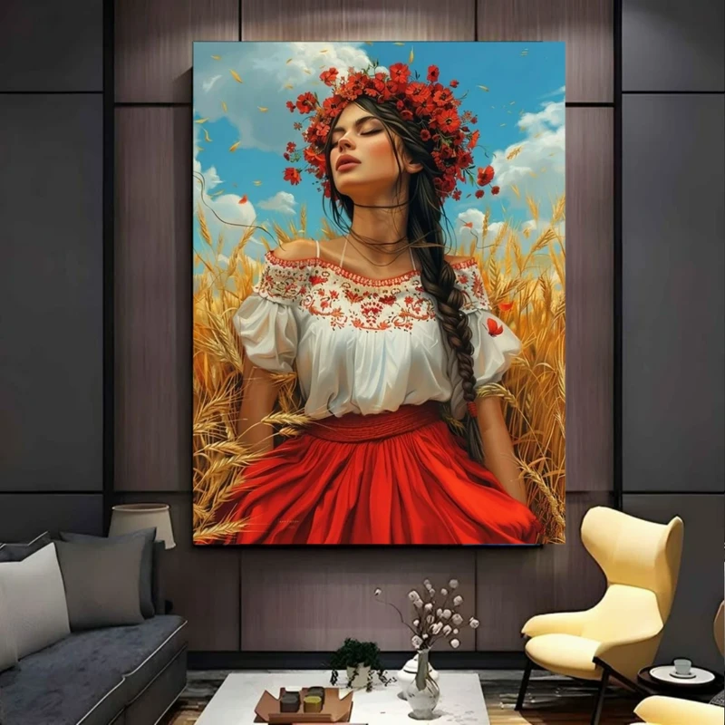 تابلو بوم طرح مخمل زن روستایی مدل دشت گندم کد BK24978