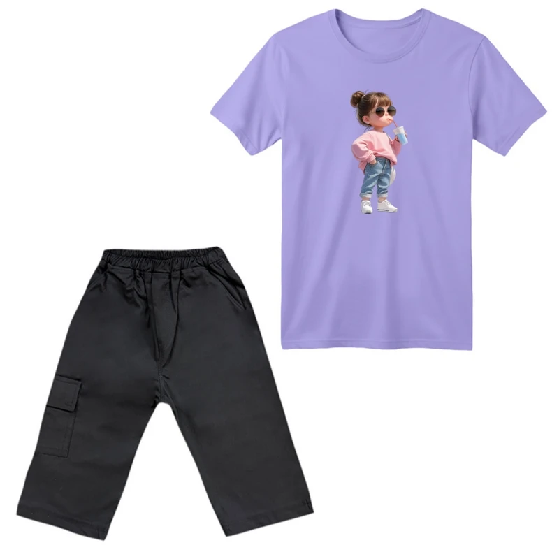 ست تی‌شرت آستین کوتاه و شلوارک دخترانه مدل دختر رنگ یاسی