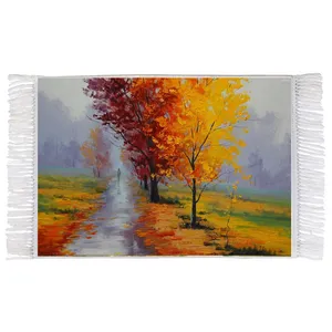 فرش ماشینی دیوارکوب اطلس آبی طرح منظره پاییز رودخانه و درخت مدل T1083 