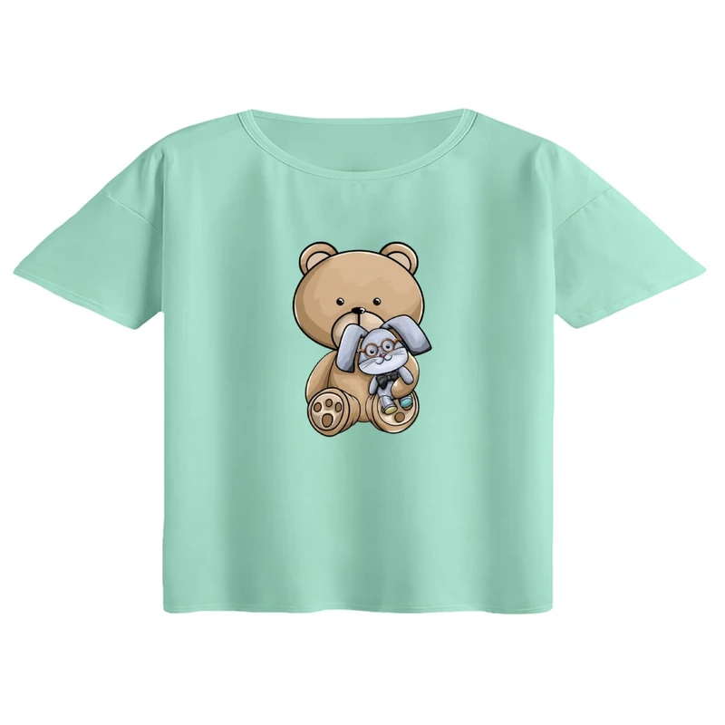 کراپ تی‌شرت آستین کوتاه زنانه مدل خرس و خرگوش