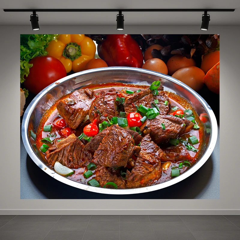 تابلو بوم طرح مخمل آشپزخانه مدل خوراک گوشت و سبزیجات تازه کد AR3059983