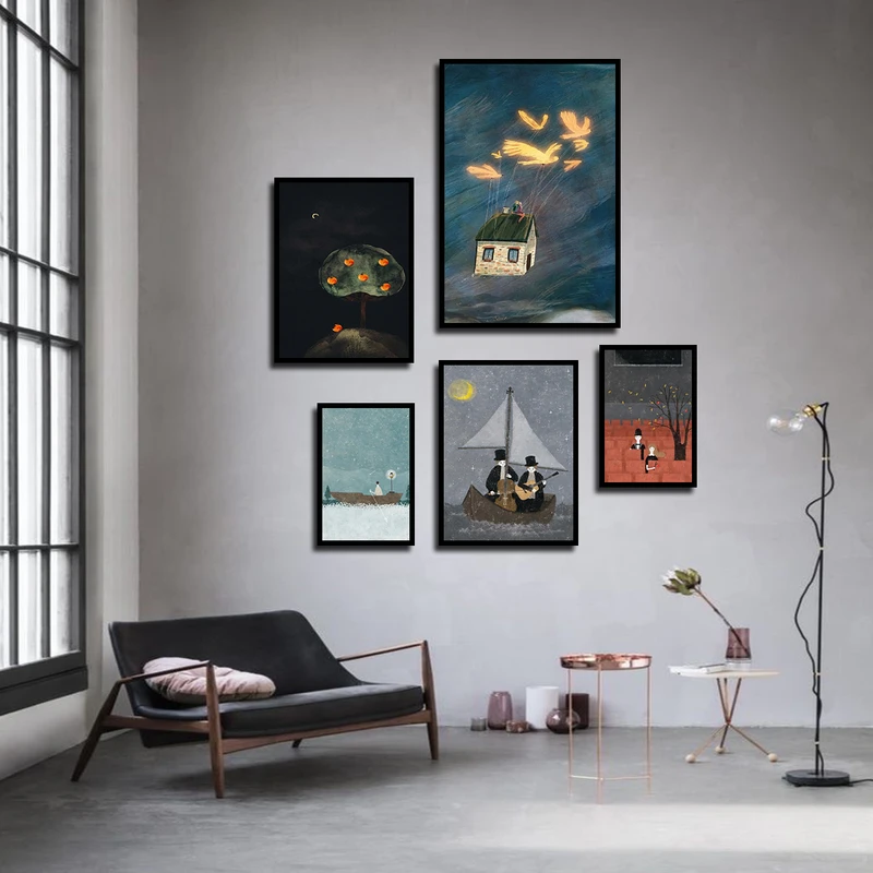 تابلو بکلیت طرح نقاشی مدرن و فانتزی مدل B-3468 فریم مشکی مجموعه 5 عددی