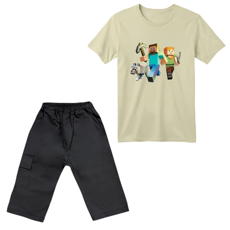 ست تی‌شرت آستین کوتاه و شلوارک پسرانه مدل ماینکرفت کد 1 رنگ کرم