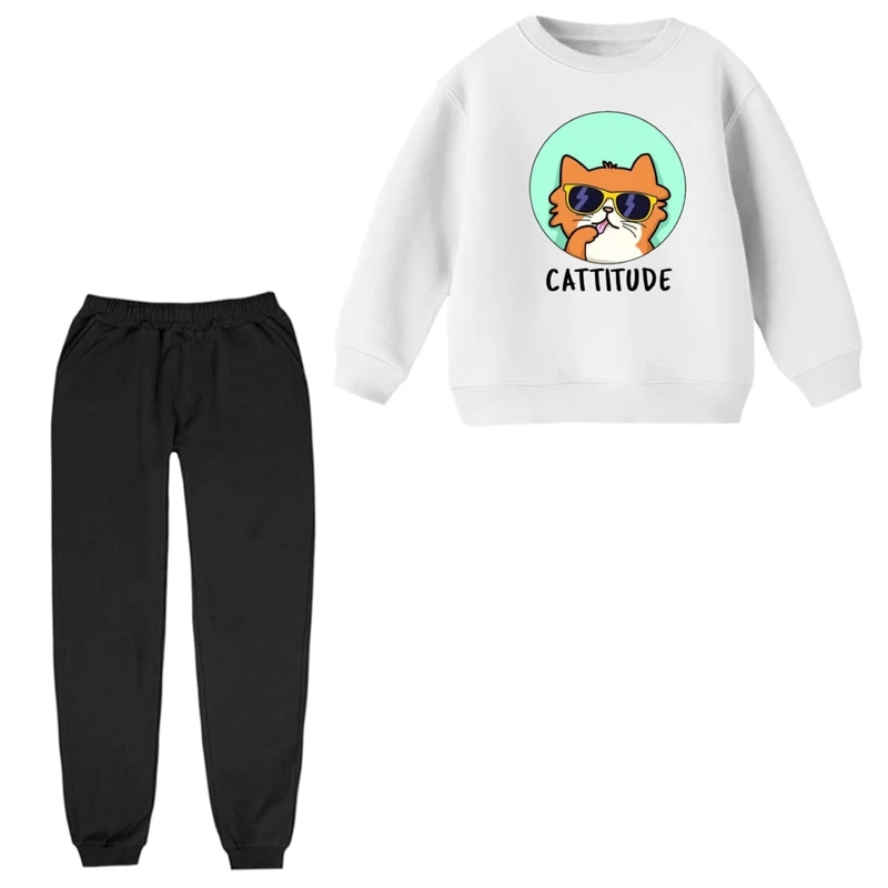 ست سویشرت و شلوار راحتی بچگانه مدل گربه عینکی 