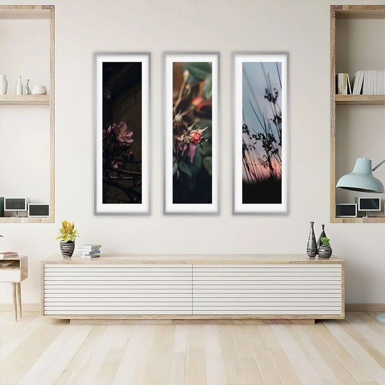 تابلو بکلیت طرح طبیعت و گل مدل SI-5183 فریم نقره ای مجموعه 3 عددی