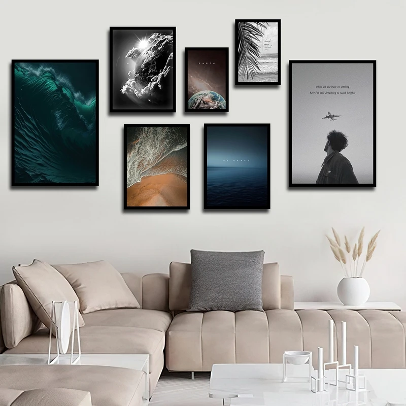 تابلو ساده بکلیت طرح دریا و کهکشان مدل شاین اکلیلی B-2773 فریم مشکی مجموعه 7 عددی