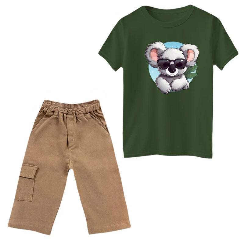 ست تی‌شرت و شلوارک پسرانه مدل کوالا و عینک رنگ یشمی