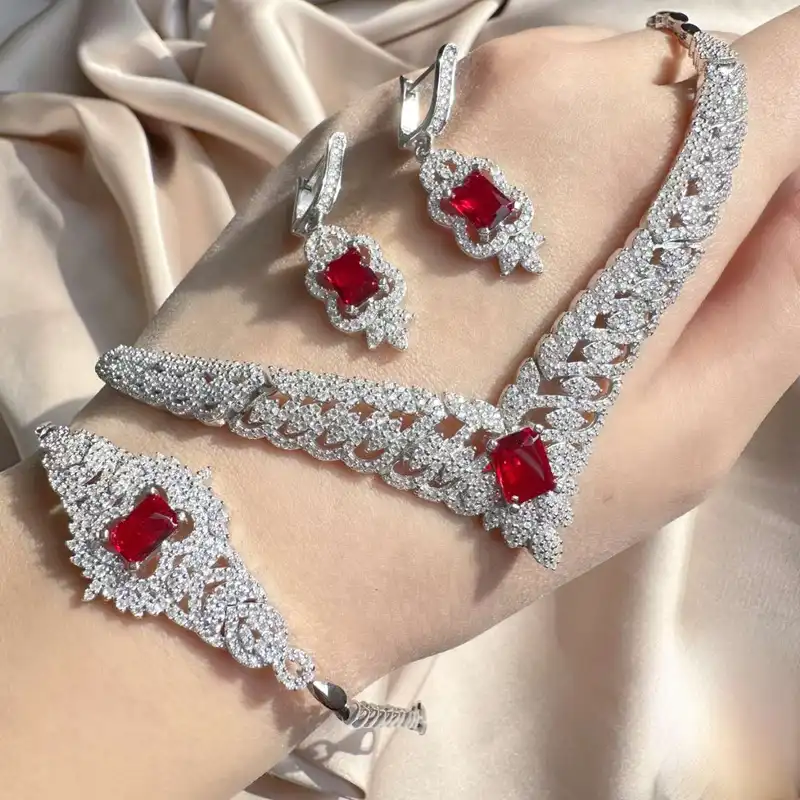 نیم ست نقره زنانه مدل گندم نگین یاقوت سرخ BS 97