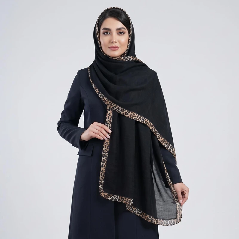 شال زنانه مدل نخی ساده جدید با حاشیه پلنگی کد ana-9080