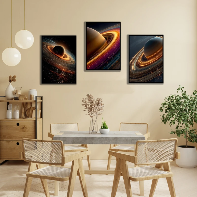 تابلو بکلیت مدل قاب شاسی طرح دکوراتیو کهکشان و منظومه شمسی کد B-MR-1073 مجموعه 3 عددی فریم مشکی