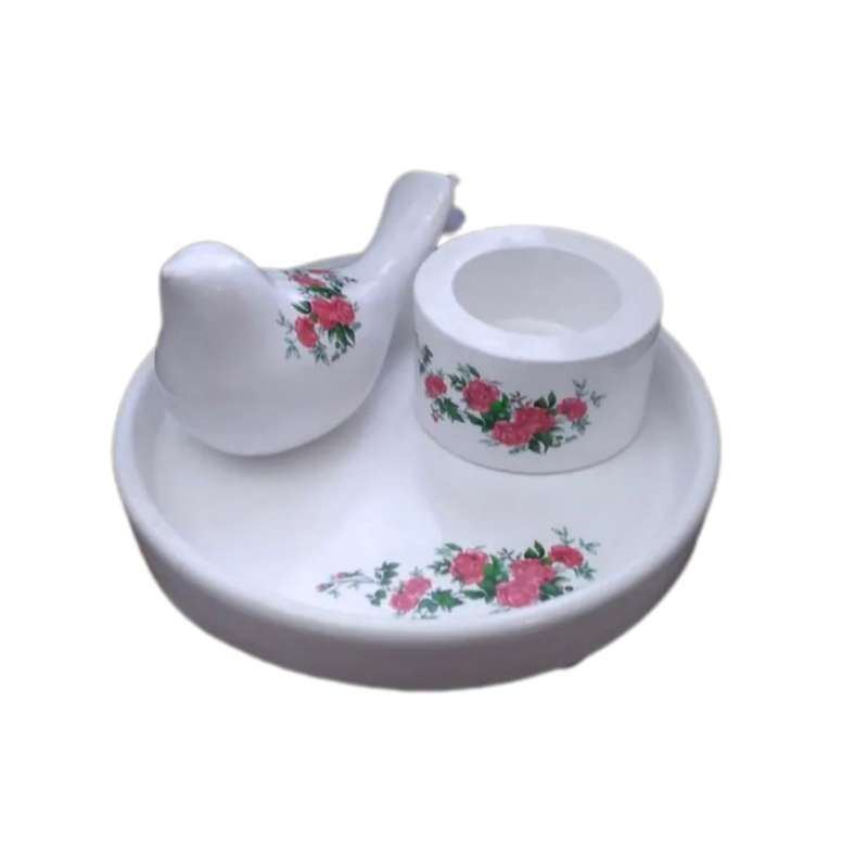 ست جا شمعی و سینی و پرنده سفالی طرح گل سرخی مدل 211