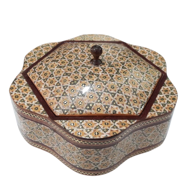 شکلات خوری خاتم کاری چوبی مدل شش گوش هلالی کد 140546