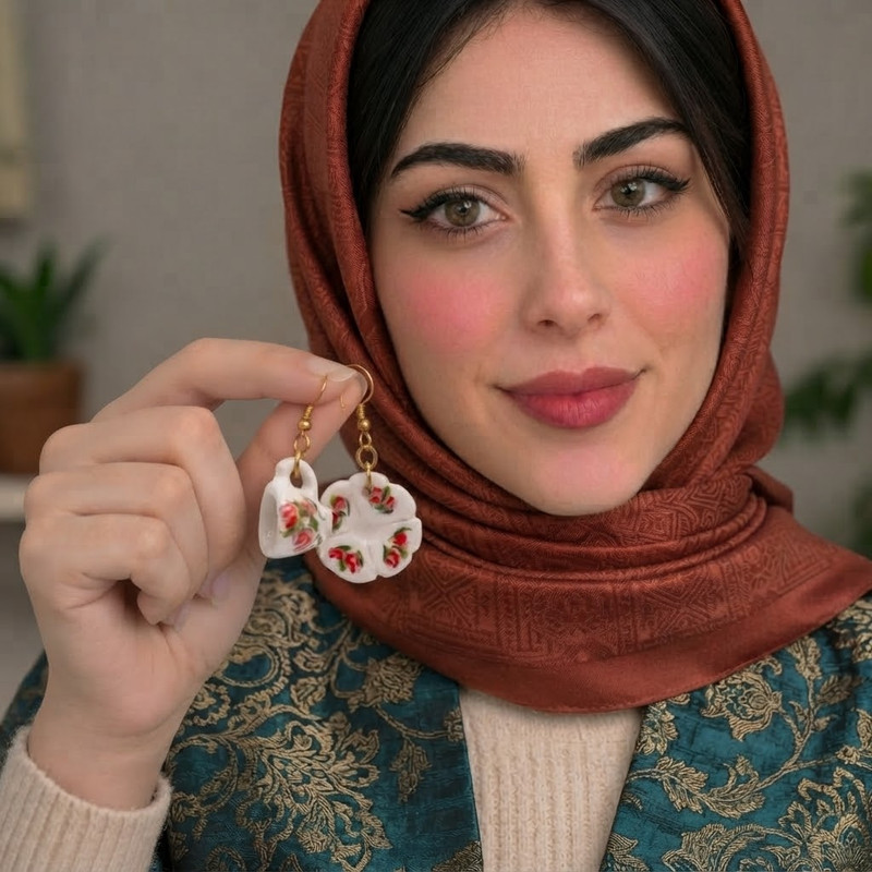 گوشواره سرامیکی دست ساز زنانه طرح گل سرخ