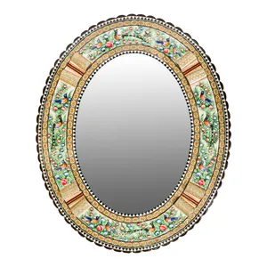 آینه خاتم کاری مدل الیپس طرح گل و مرغ برجسته کد 57p46-2f4gr