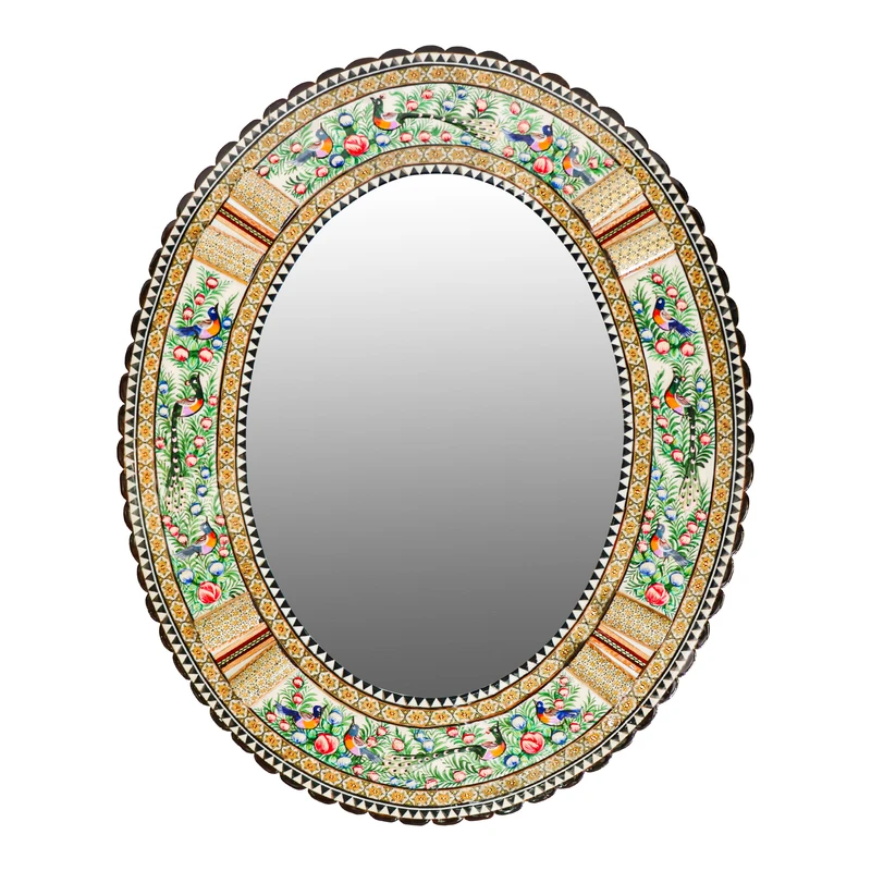 آینه خاتم کاری چوبی صنایع دستی فاخر مدل الیپس طرح گل و مرغ برجسته کد 57p46-2f4gr