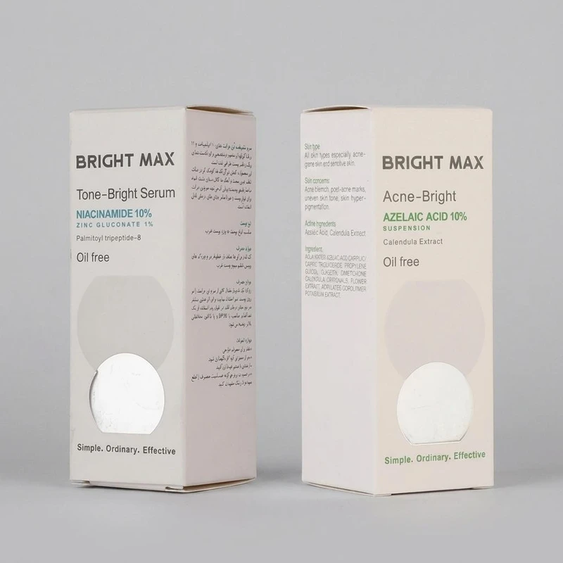 سرم روشن کننده و شفاف کننده پوست برایت مکس مدل نیاسینامید 10% مناسب برای انواع پوست حجم 30 میلی‌لیتر به همراه کرم ضدجوش صورت برایت مکس مدل آزلائیک مناسب برای پوست های حساس حجم 30 میلی لیتر