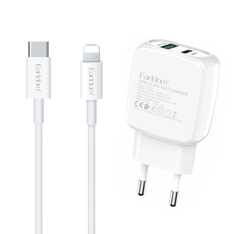 شارژر دیواری 20 وات ارلدام مدل EU21 به همراه کابل USB-C به لایتنینگ