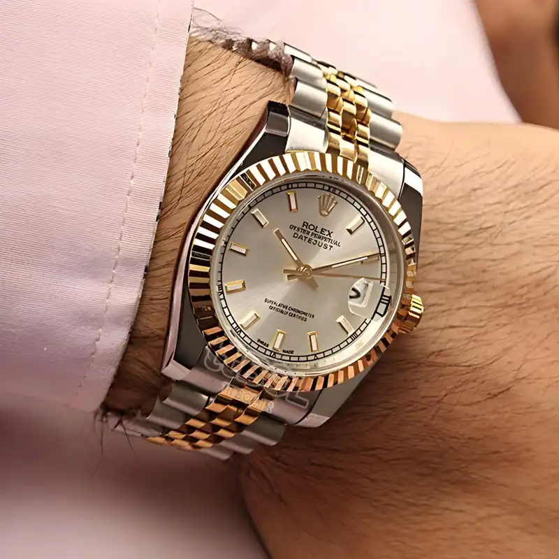 ست ساعت مچی عقربه ای زنانه و مردانه  مدل دیت جاست خطی ساده کد sfs01