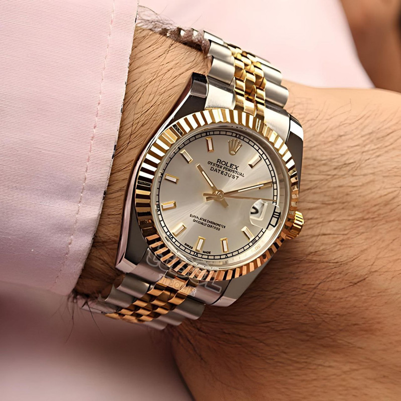 ست ساعت مچی عقربه ای زنانه و مردانه  مدل دیت جاست خطی ساده کد sfs01