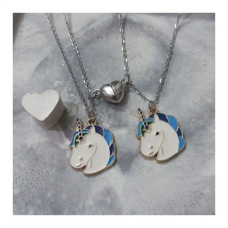 گردنبند زنانه مدل ست دوستی تک شاخ و قلب مگنتی بسته 2 عددی