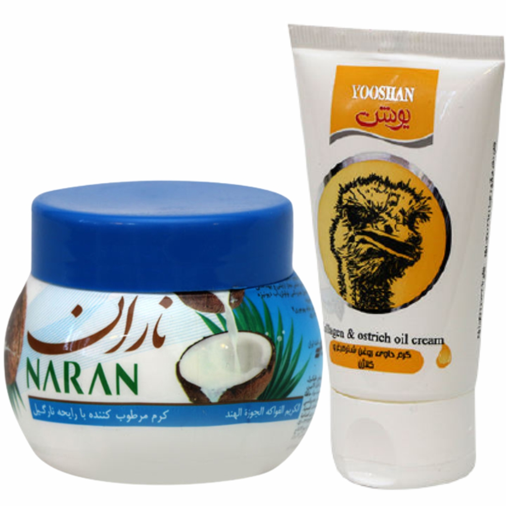کرم مرطوب کننده یوشن مدل شتر مرغ حجم 50 میلی لیتر به همراه کرم مرطوب کننده ناران مدل نارگیل حجم 180 میلی لیتر