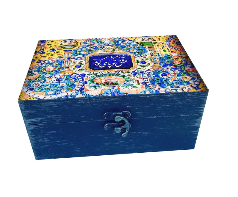 جعبه هدیه چوبی مدل سنتی طرح کاشی کد SB90
