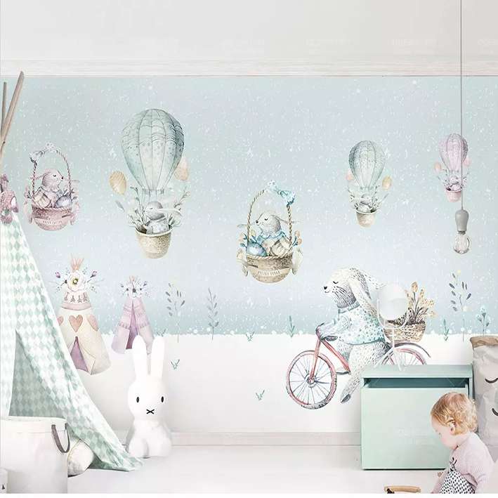 پوستر دیواری اتاق کودک مدل بالن خرگوش دوچرخه سوار DVRF1655