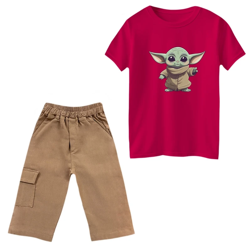 ست تی‌شرت و شلوارک پسرانه مدل بیبی یودا رنگ سرخابی