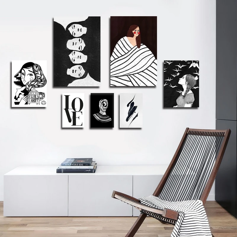 تابلو شاسی بکلیت طرح نقاشی مینیمال LOVE و چهره مدل SH-2357 مجموعه 7 عددی