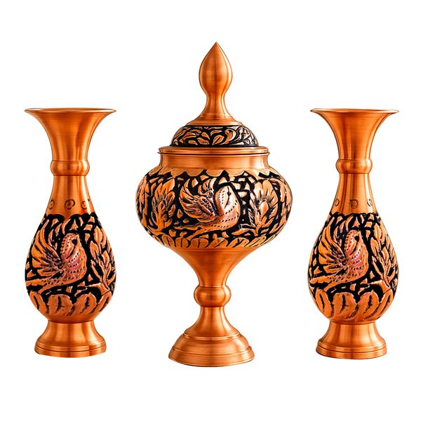 ست 3 تکه شکلات خوری و گلدان قلمزنی مسی مدل گلبان