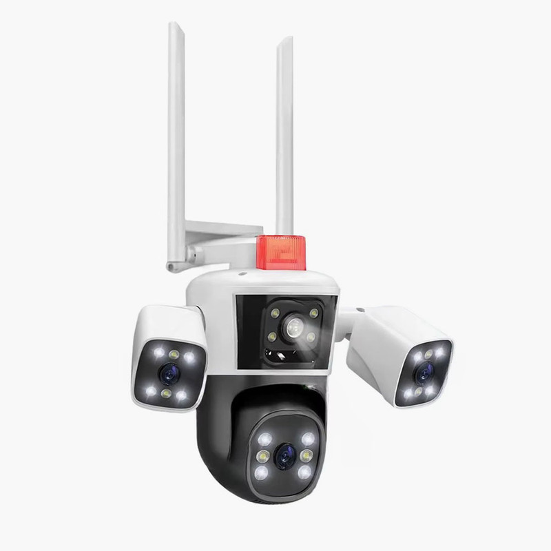 دوربین مداربسته تحت شبکه سیم‌کارتی 3 مگاپیکسلی مدل QQ849-WP-4-4G، دارای 3 لنز، اتصال 4G، چرخش افقی و عمودی، دید در شب، تشخیص حرکت، تعقیب سوژه، مکالمه دوطرفه، پشتیبانی از کارت حافظه Micro SD تا 256 گیگابایت و استاندارد ضدآب IP66